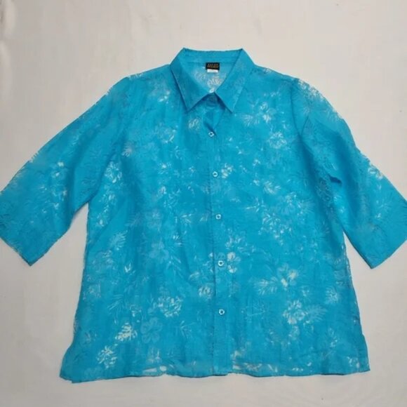 Salon Studio 2 Pieces Set Blue Abstract Floral Button Down Top Blouse Size L - Picture 4 of 13